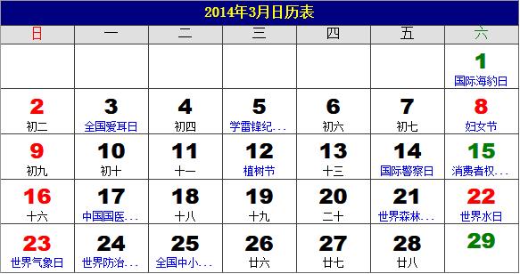 2014年3月日歷表,2014年老黃歷,2014年3月日歷,農(nóng)歷甲午年(馬年)3月日歷